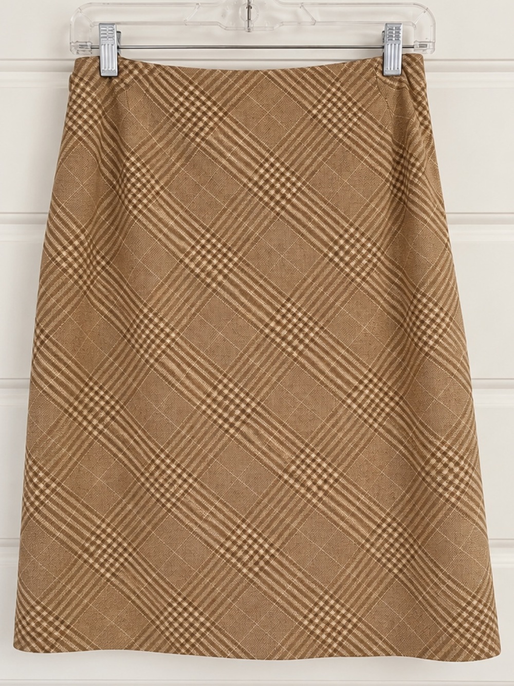 Ann Taylor Plaid A-Line Skirt in Tan and Cream with side slit
